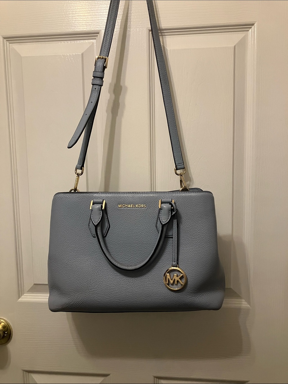 Like new, Michael Kors Slate Blue Pebbled Leather Satchel with Gold Hardware